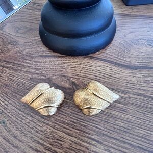 Vintage Chr Dior Gold Tone Clip Earrings Brushed Leaf Design